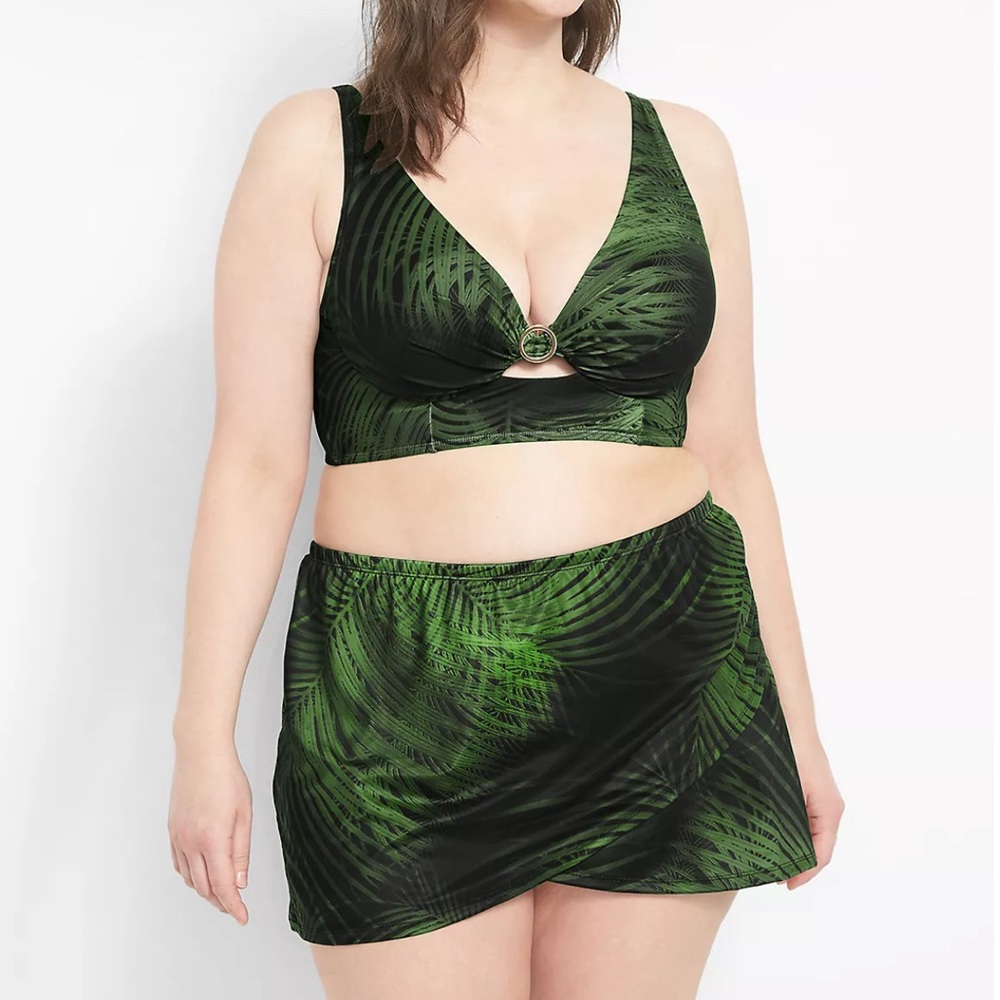 Cacique Bottoms Breezy Palm Print Green Bikini Swim Faux Wrap Skirt